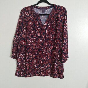 Gloria Vanderbilt Navy Red Floral Print 3/4 Bell Sleeve Blouse Women’s Size: M